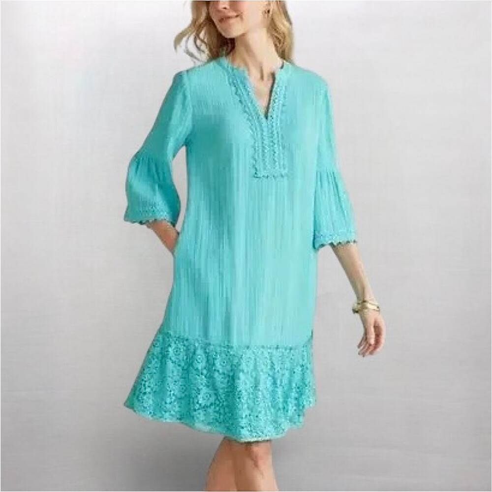 Soft Surroundings Kiona Gauze Dress Aqua Blue Size L Crochet Trim Pockets NWT